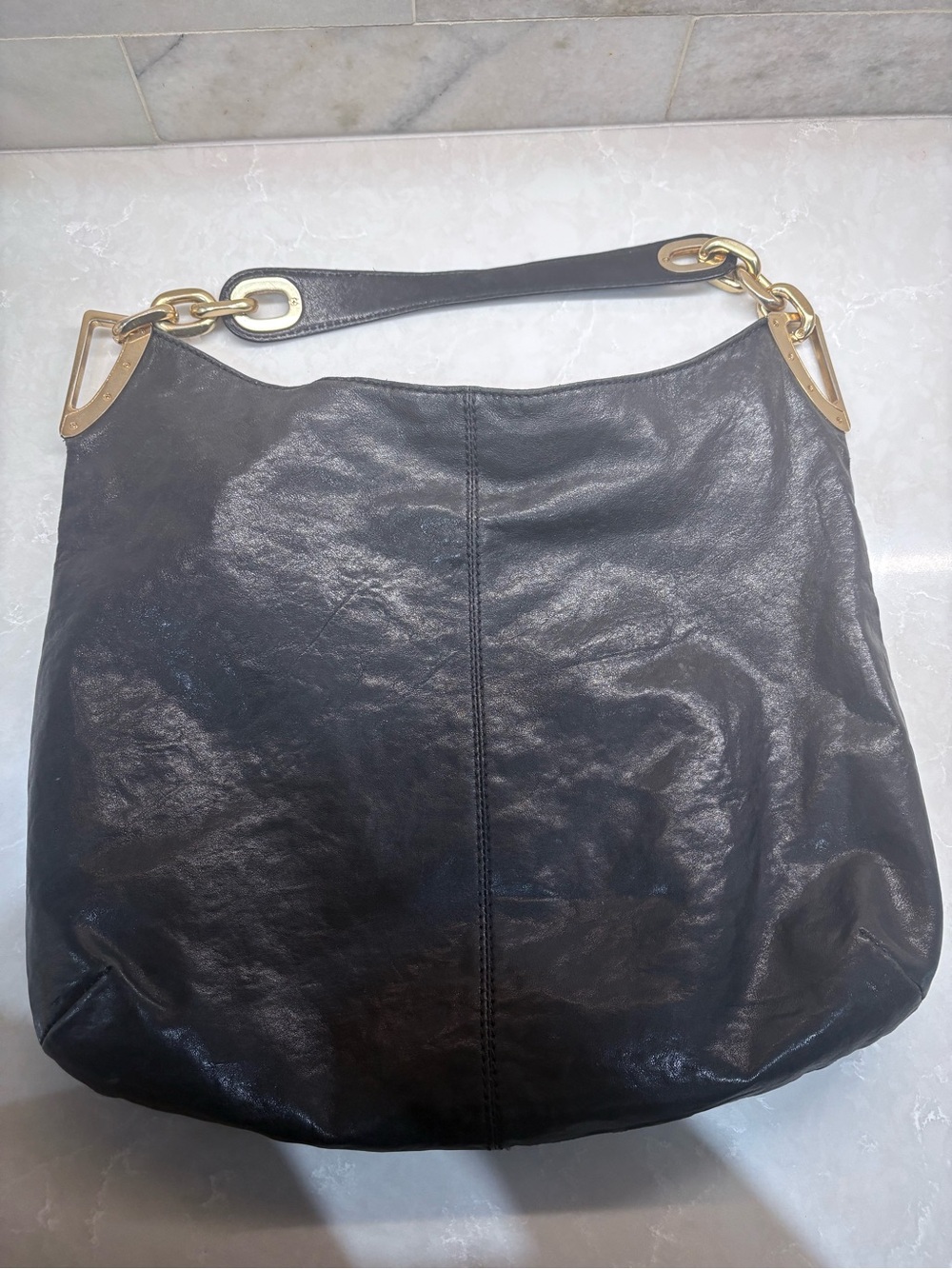 Large Michael Kors Black Leather Hobo Bag with Gold Chain Hardware